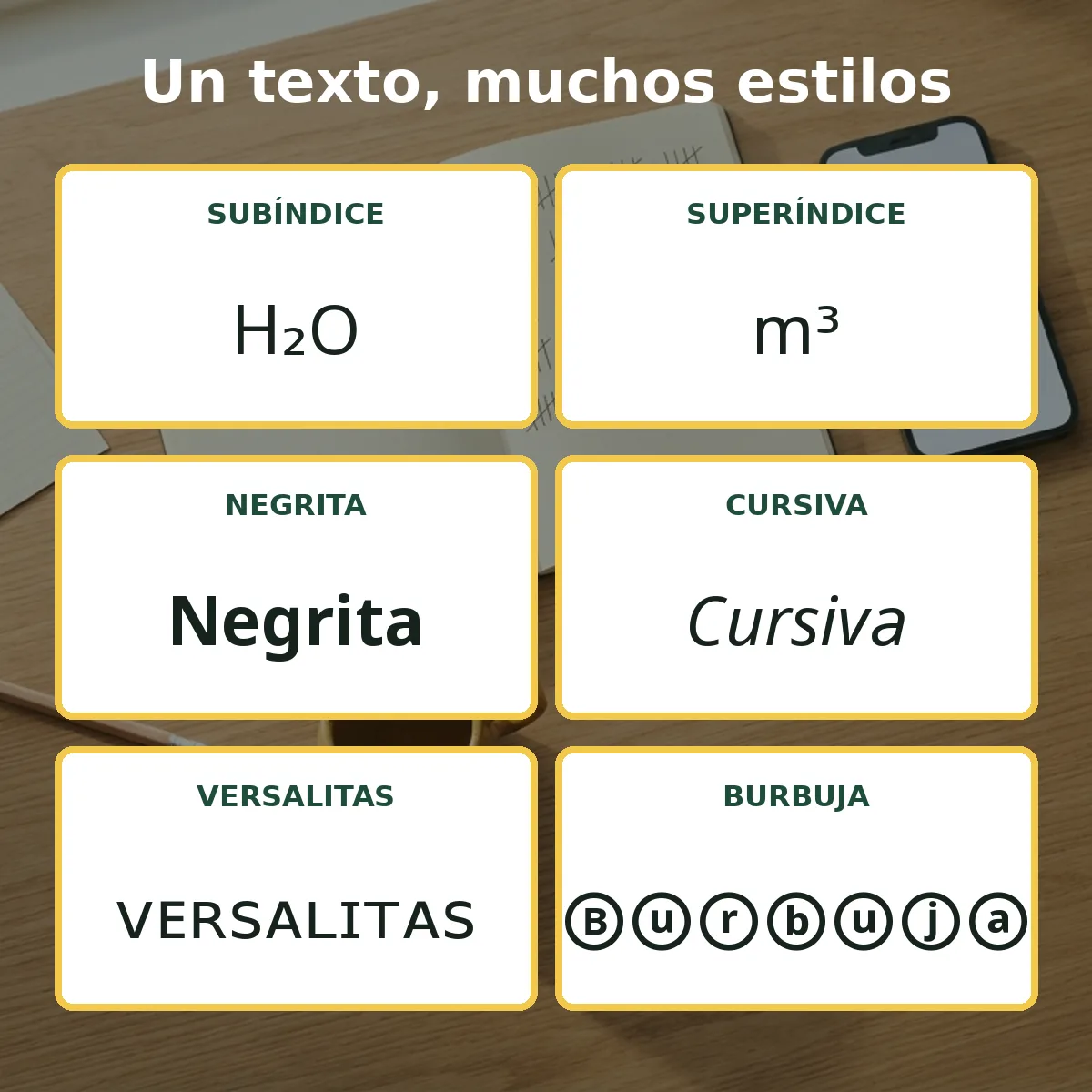 Seis estilos de letras: subíndice, superíndice, negrita, cursiva, versalitas y burbuja